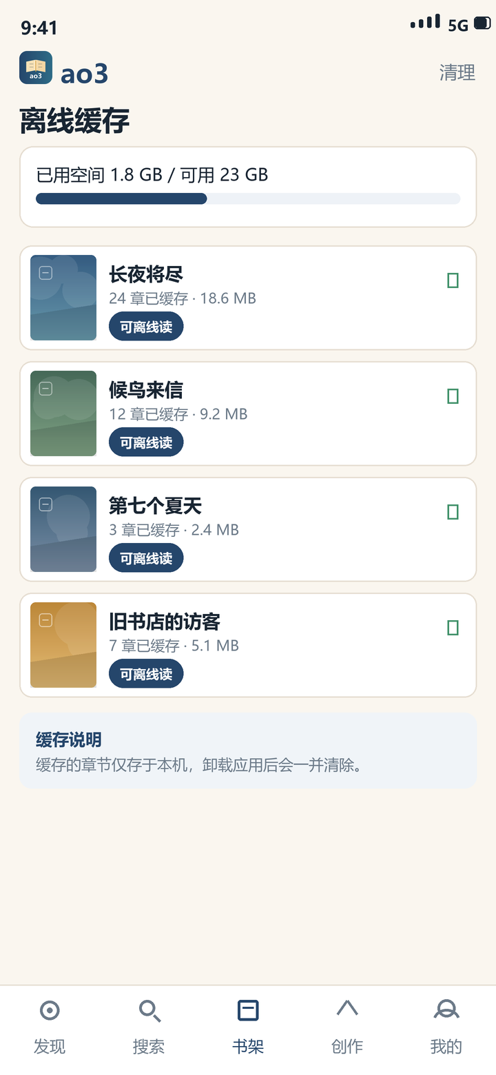 ao3 离线缓存：已缓存作品与占用空间